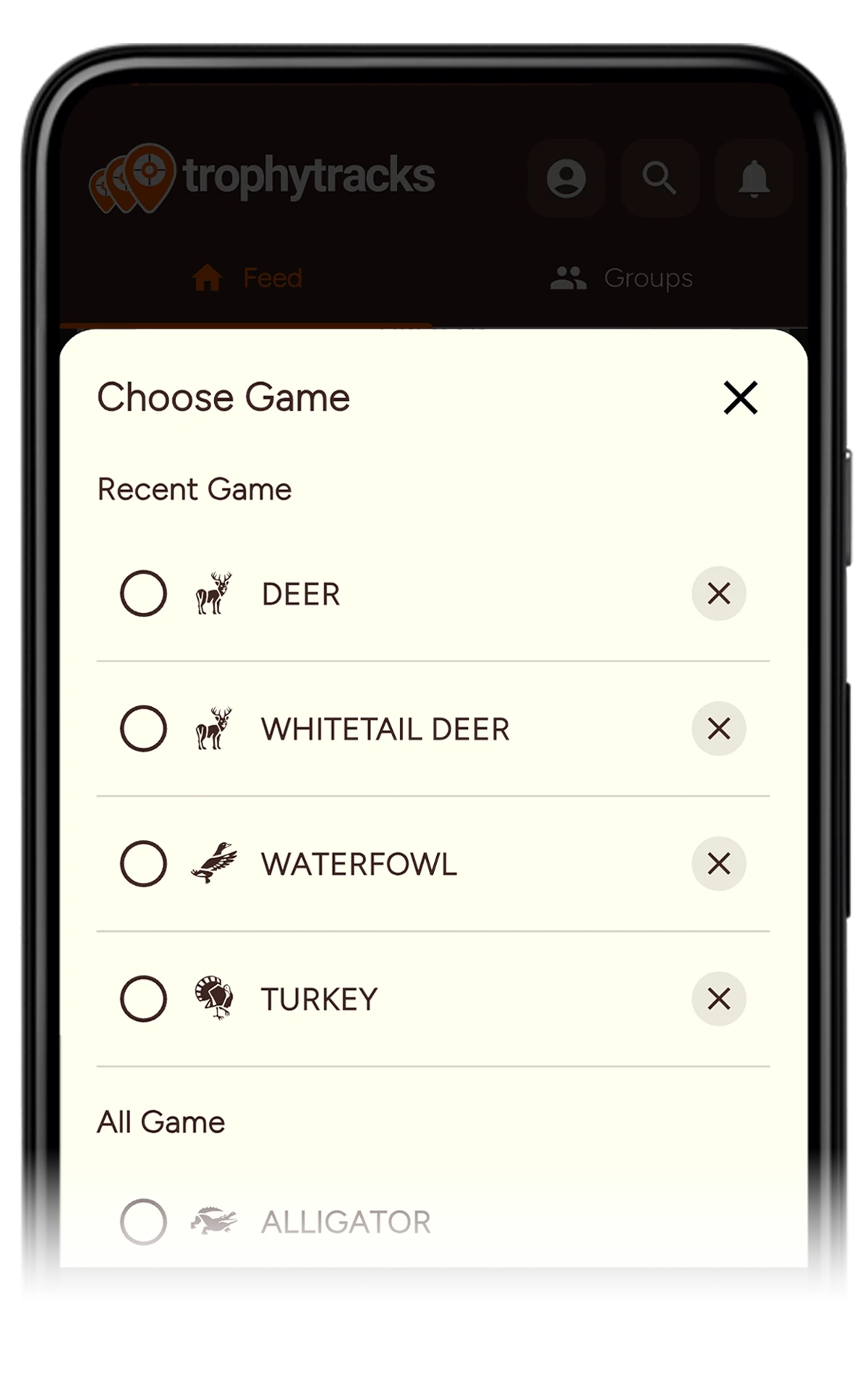 TrophyTracks animal species tracking interface - log 50+ hunting species including deer antler points, animal counts, and hunting observations