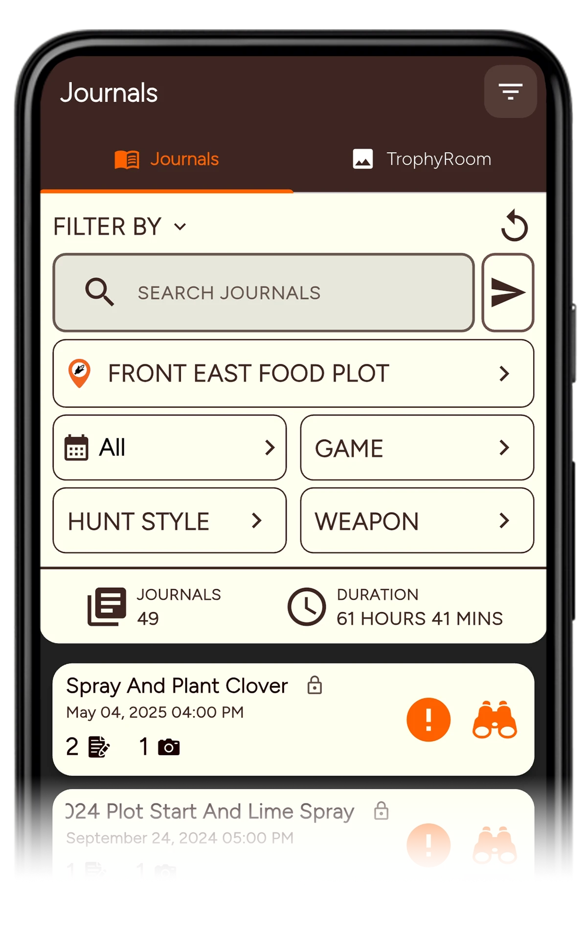 TrophyTracks advanced filter and search interface - quickly find past hunting journals by location, date, species, weapon, hunt style, and target animal name for pattern analysis