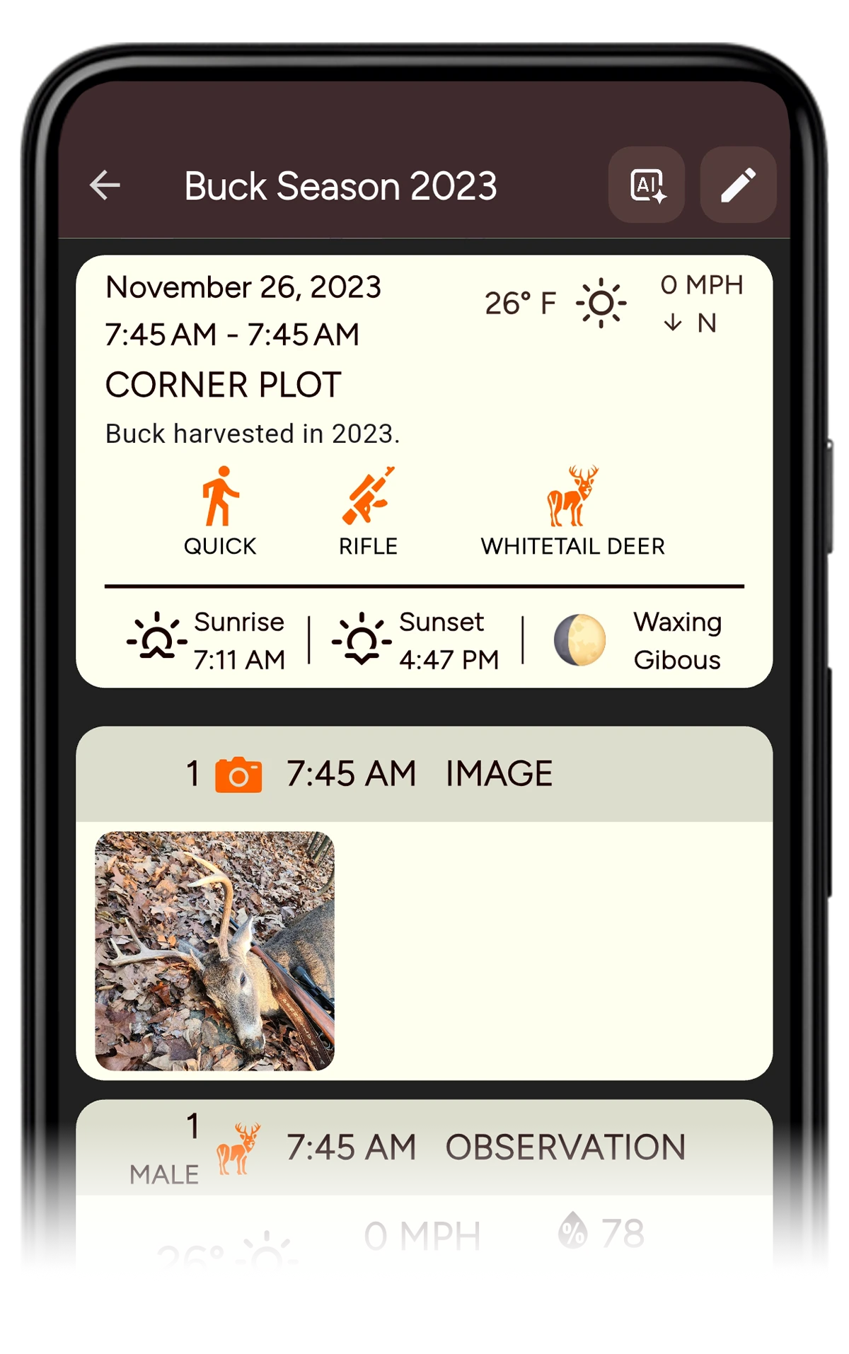 TrophyTracks hunting harvest logging interface - record detailed harvest information, hunting success data, and add historic hunting records to your digital hunting journal