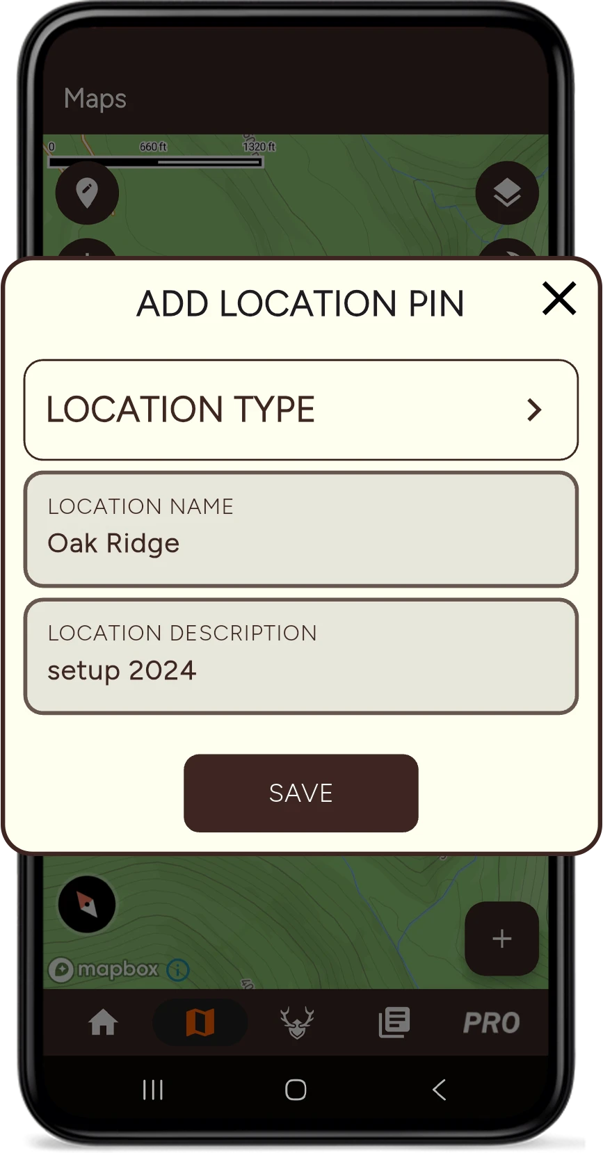 TrophyTracks hunting location pinning interface - mark hunting stands, blinds, and trail cameras on digital hunting maps