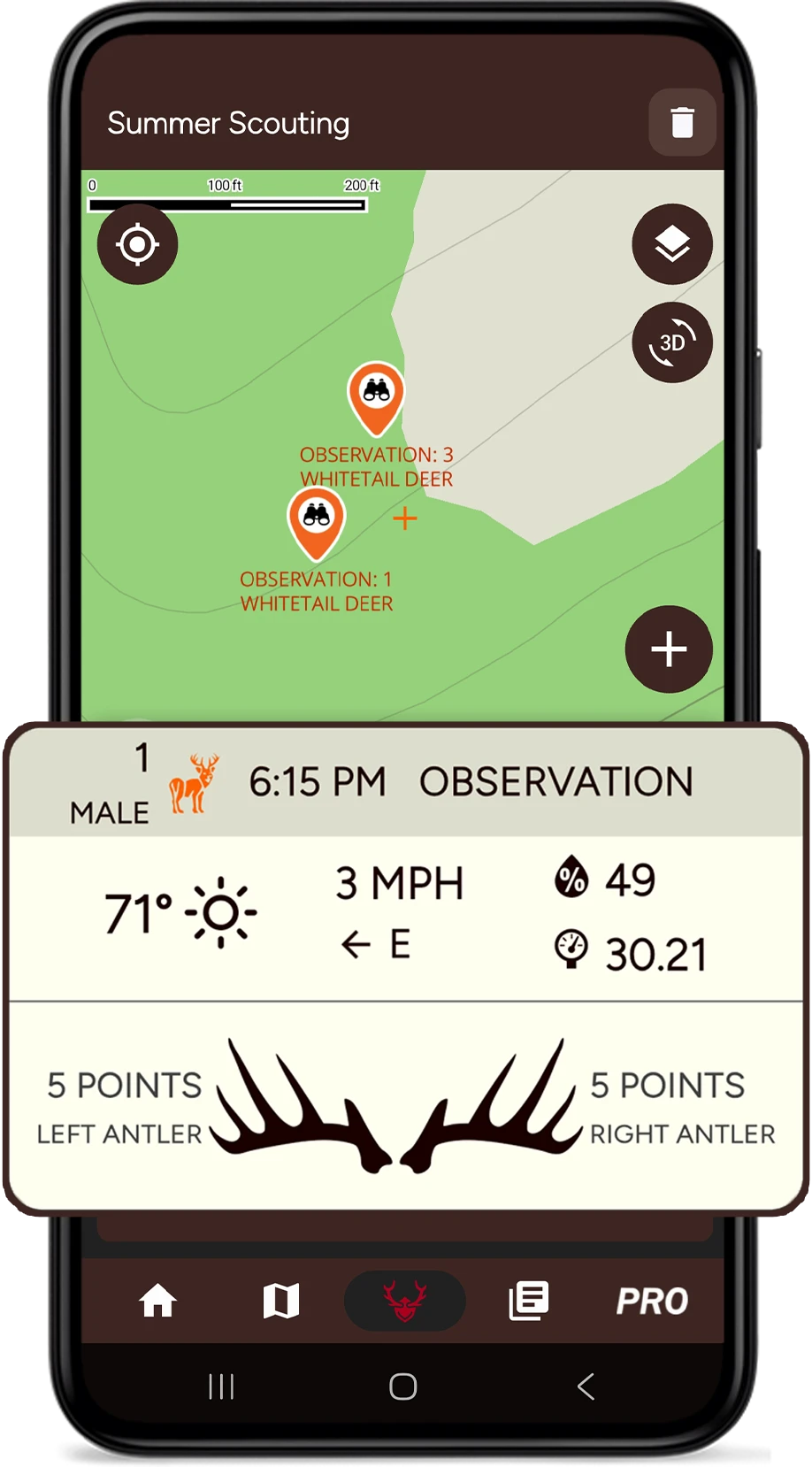 TrophyTracks digital hunting journal interface - log hunting adventures with weather data, game observations, and photos