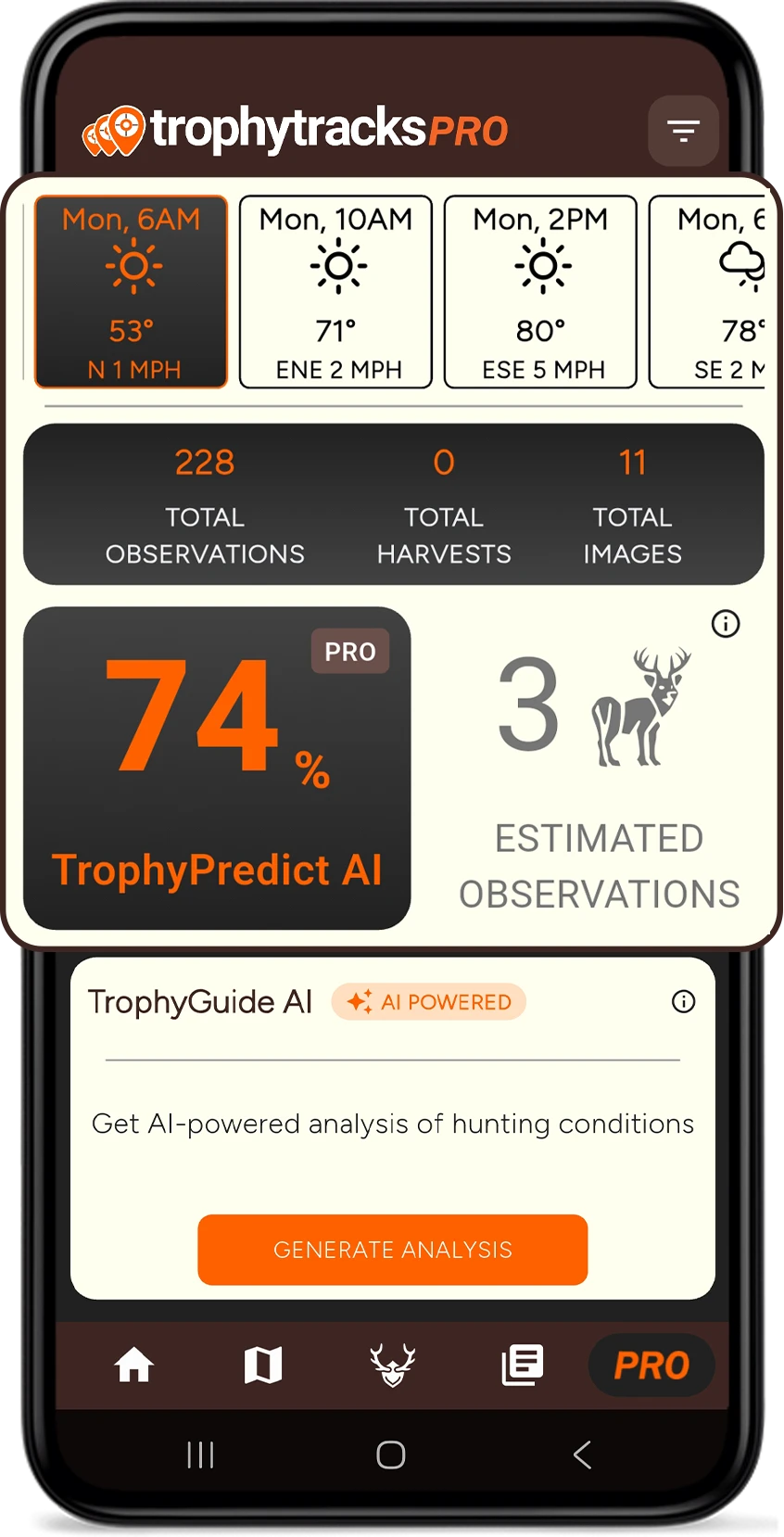 TrophyTracks AI hunting predictions interface - 7-day hunt forecast showing best hunting times and locations based on game movement patterns