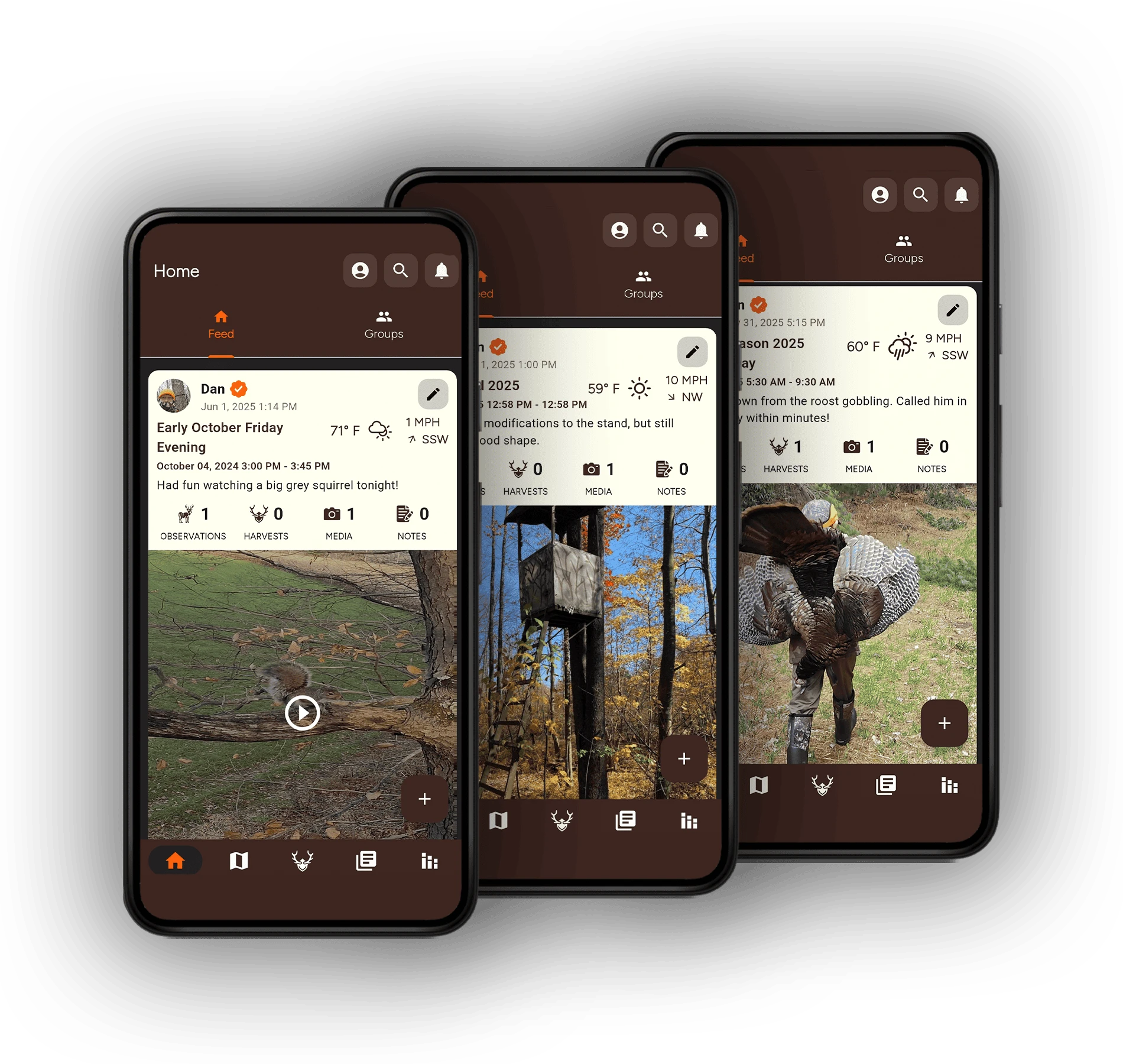 TrophyTracks hunting social network interface - share hunting adventures, connect with hunting community, join hunting groups, and inspire fellow hunters with your outdoor experiences