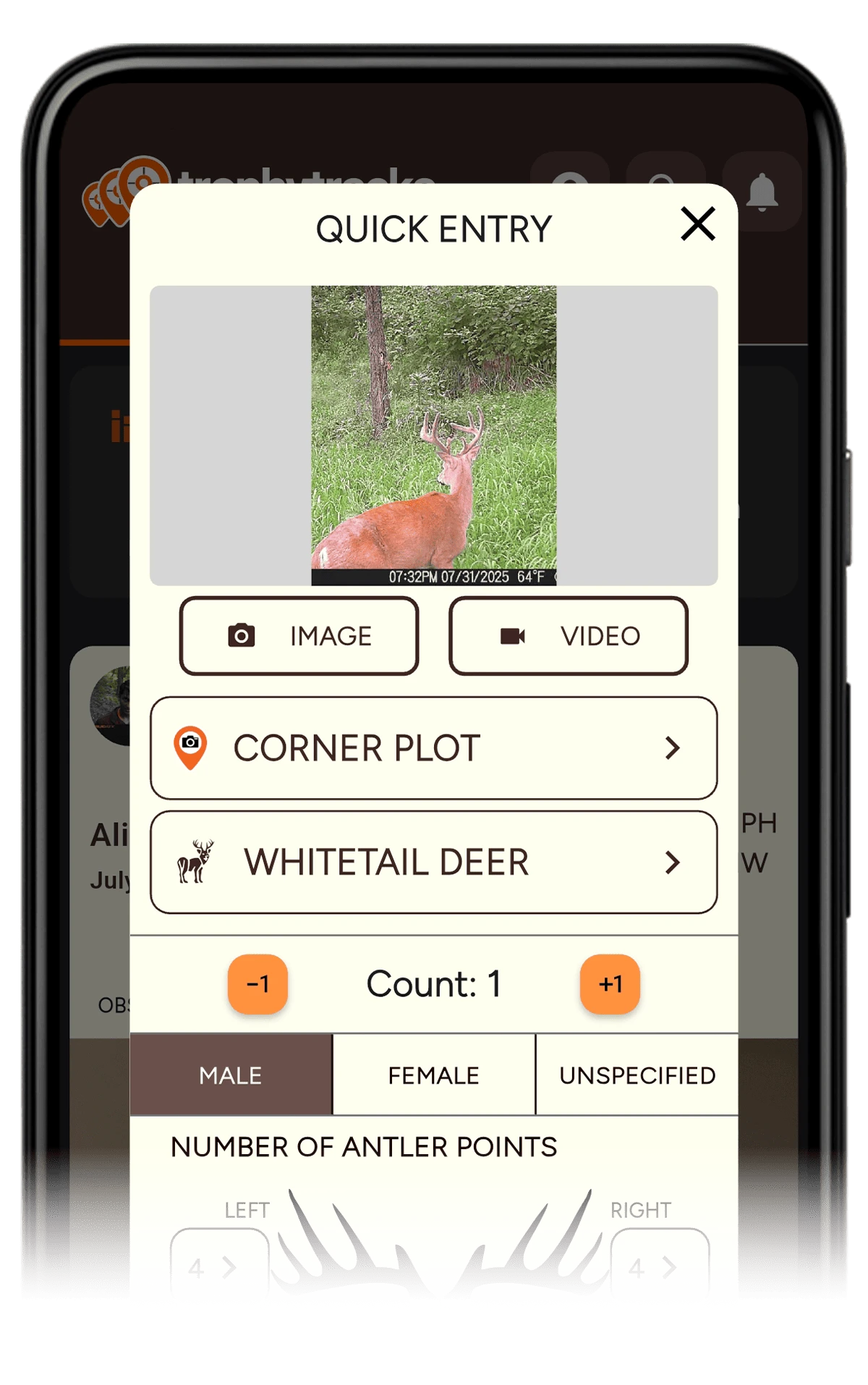 TrophyTracks trail camera integration - mark trail cam locations on hunting maps and upload wildlife photos with automatic date, time, and GPS location tagging