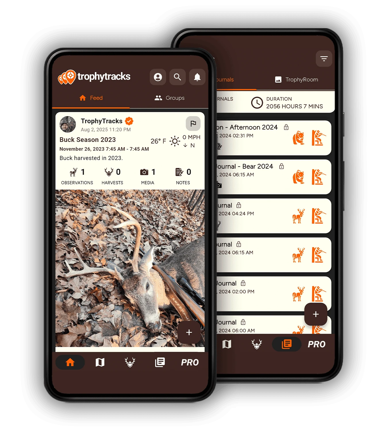 TrophyTracks digital hunting journal app interface showing detailed hunting log entries, comprehensive weather tracking data, unlimited photo and video uploads, and game observation notes