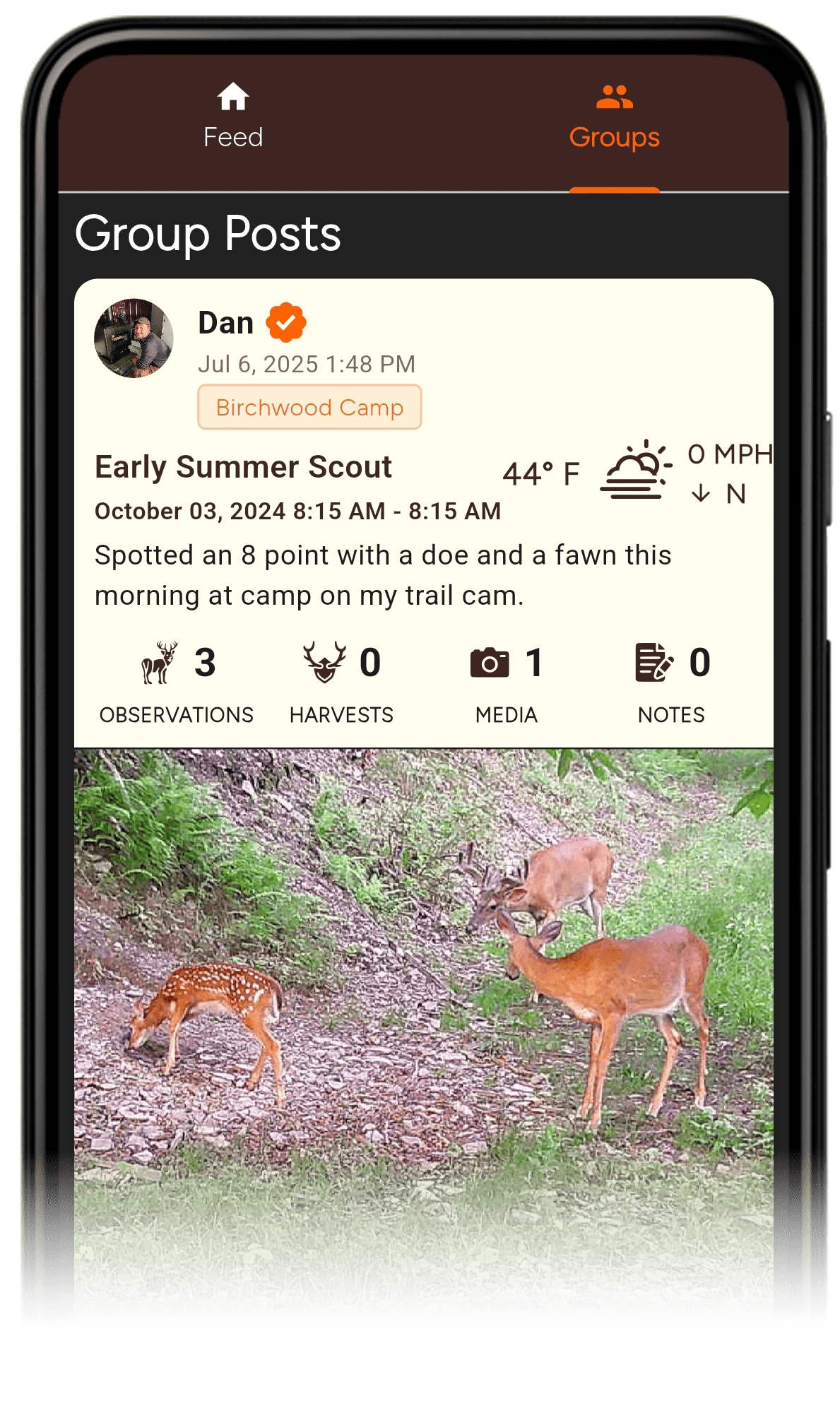 TrophyTracks social interface showing hunting group posts, photo sharing, and community features for hunters