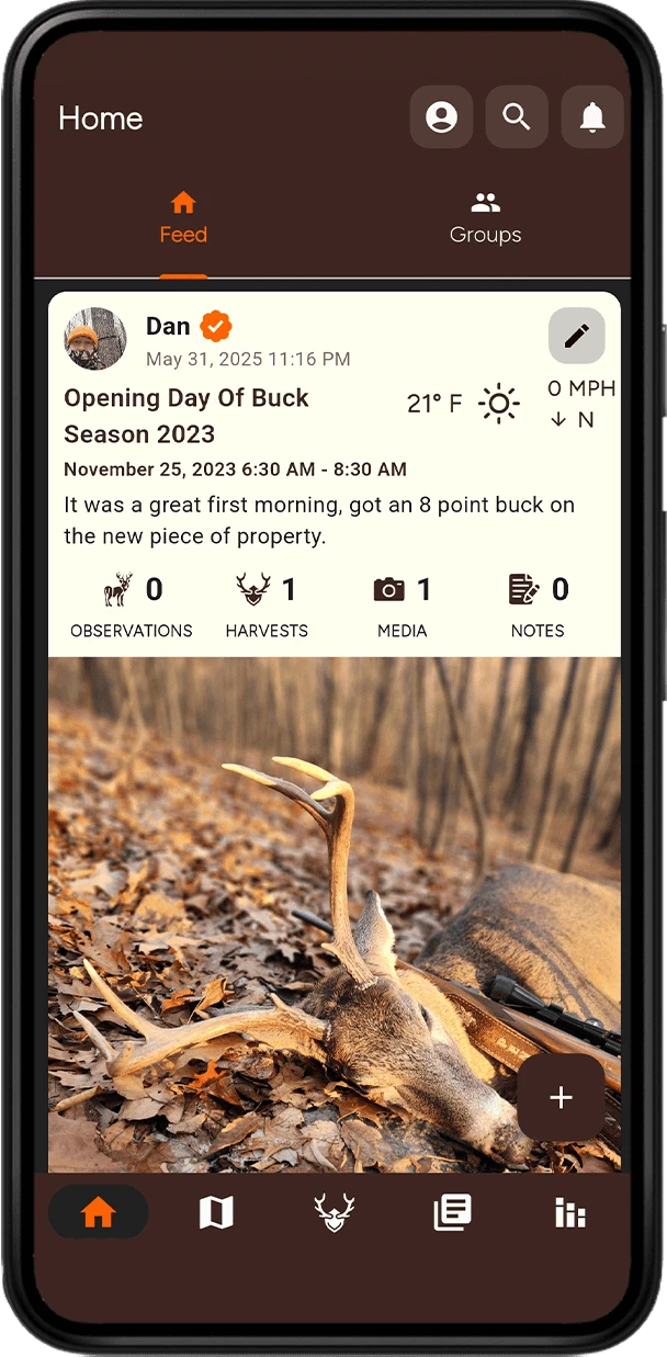 TrophyTracks personal hunting journal app showing offline hunting maps, hunting logs, hunting observations, trail cam integration, game movement forecast, wind direction tools, moon phase tracking, and AI hunting predictions for successful hunters