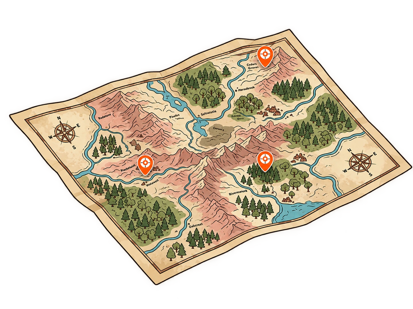 TrophyTracks hunting map showing pinned stand and blind locations, custom drawn property boundaries with acreage, and public land boundaries