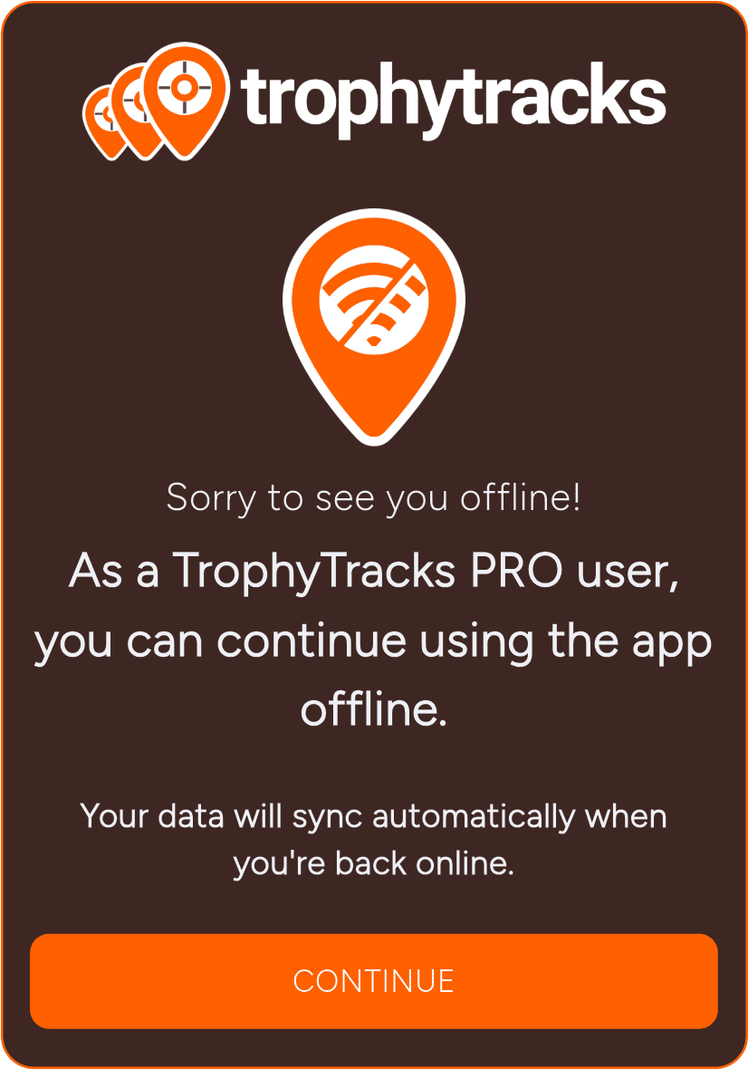 TrophyTracks offline hunting maps interface showing hunting heat maps, stand and blind locations pins, and offline journaling capabilities for remote hunting areas