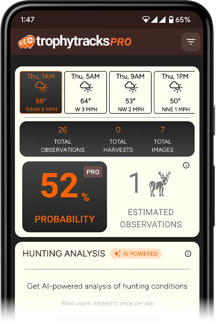TrophyPredict AI hunting prediction interface showing game movement forecast, 7-day hunt outlook, wind direction tools, moon phase tracking, and hunt statistics for whitetail deer and turkey hunting