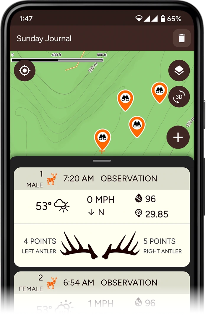 TrophyTracks hunting journal app interface showing hunting logs, hunting observations, trail cam integration, weather logging, and stand and blind locations for hunters